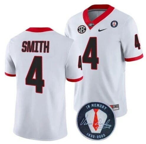 Georgia Bulldogs Nolan Smith #4 Jersey Honoring Vince Dooley Patch White 1 Georgia Bulldogs Nolan Smith #4 Jersey Honoring Vince Dooley Patch White