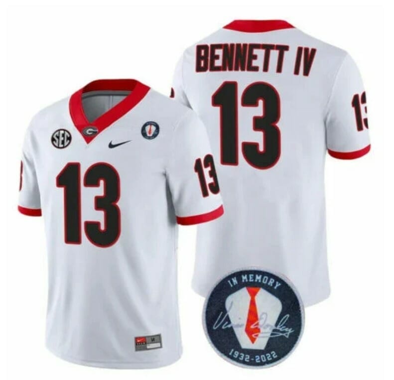 Georgia Bulldogs Stetson Bennett Jersey #13 Honoring Vince Dooley Patch All Stitched White 1 Georgia Bulldogs Stetson Bennett Jersey #13 Honoring Vince Dooley Patch All Stitched White
