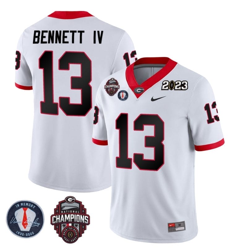 Stetson Bennett Jersey #13 Georgia Bulldogs Football 2023 Champions and Vince Dooley Patch White 1 Stetson Bennett Jersey #13 Georgia Bulldogs Football 2023 Champions and Vince Dooley Patch White