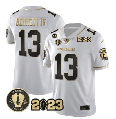 Stetson Bennett Jersey #13 Georgia Bulldogs Football White Gold All Stitched 8 Stetson Bennett Jersey #13 Georgia Bulldogs Football White Gold All Stitched