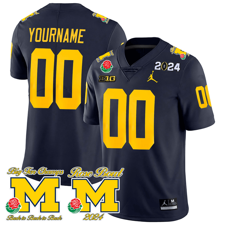 Custom Michigan Wolverines Jersey Name and Number Vapor Rose Bowl + 2024 CFP + Big Ten Champs Patch Football Navy 1 Custom Michigan Wolverines Jersey Name and Number Vapor Rose Bowl + 2024 CFP + Big Ten Champs Patch Football Navy