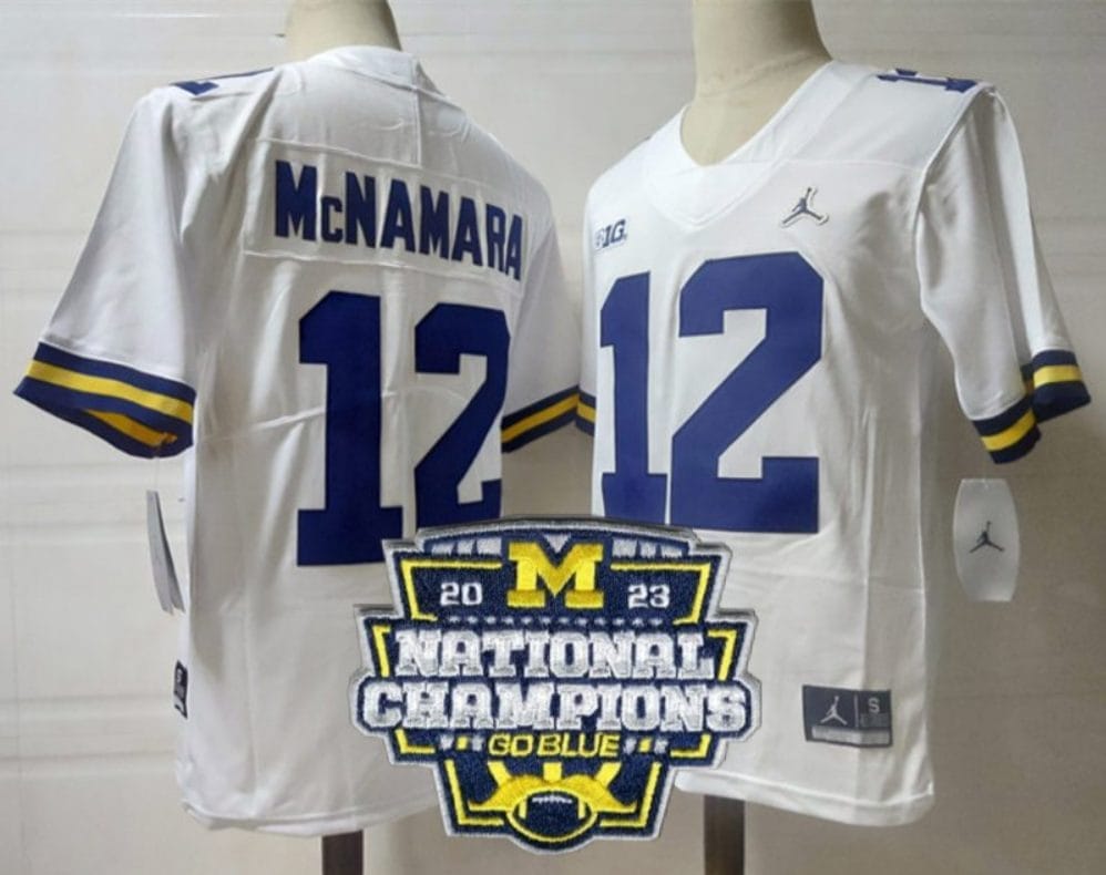 Cade Mcnamara Jersey #12 Michigan Wolverines Football 2023 National Champions Patch White 1 Cade Mcnamara Jersey #12 Michigan Wolverines Football 2023 National Champions Patch White