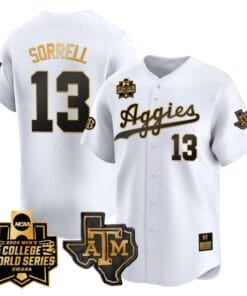 Caden Sorrell Jersey #13 Texas AM Aggies 2024 College World Series Vapor Premier Limited NCAA Baseball Stitched White Gold