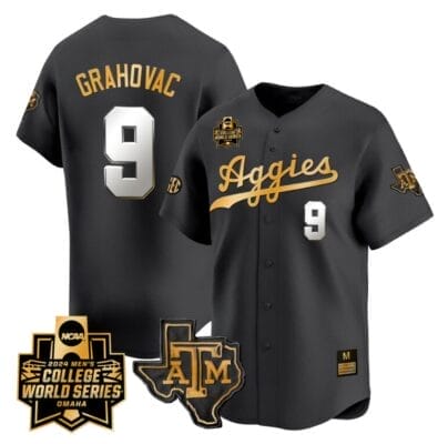 Gavin Grahovac Jersey #9 Texas AM Aggies 2024 College World Series Vapor Premier Limited NCAA Baseball Stitched Black Gold 8 Gavin Grahovac Jersey #9 Texas AM Aggies 2024 College World Series Vapor Premier Limited NCAA Baseball Stitched Black Gold