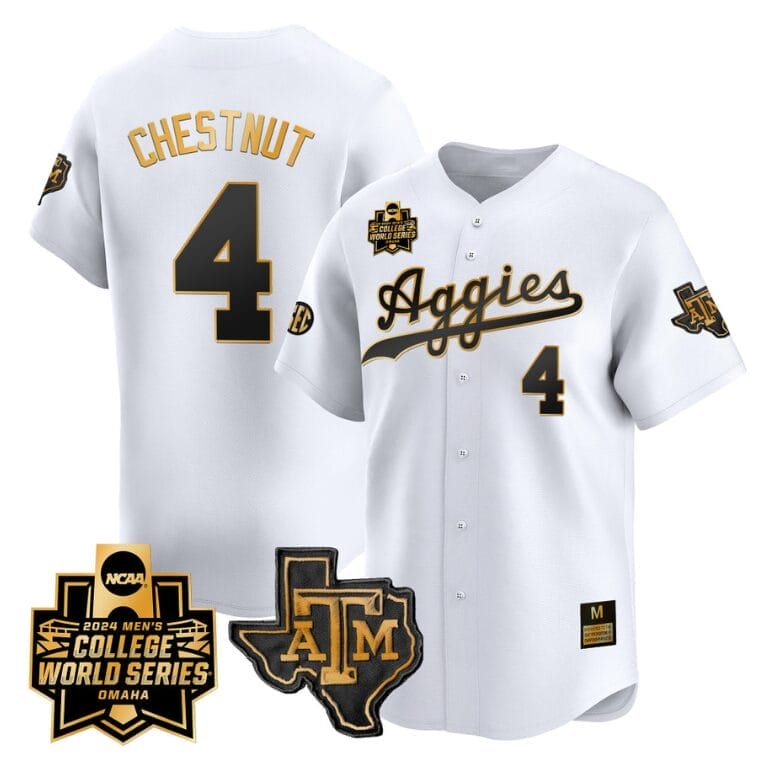 Travis Chestnut Jersey #4 Texas AM Aggies 2024 College World Series Vapor Premier Limited NCAA Baseball Stitched White Gold 1 Travis Chestnut Jersey #4 Texas AM Aggies 2024 College World Series Vapor Premier Limited NCAA Baseball Stitched White Gold